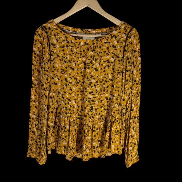 Anthropologie Maeve Cheyenne Women's Yellow Gold Floral Peplum Blouse Sz M - Picture 2 of 7